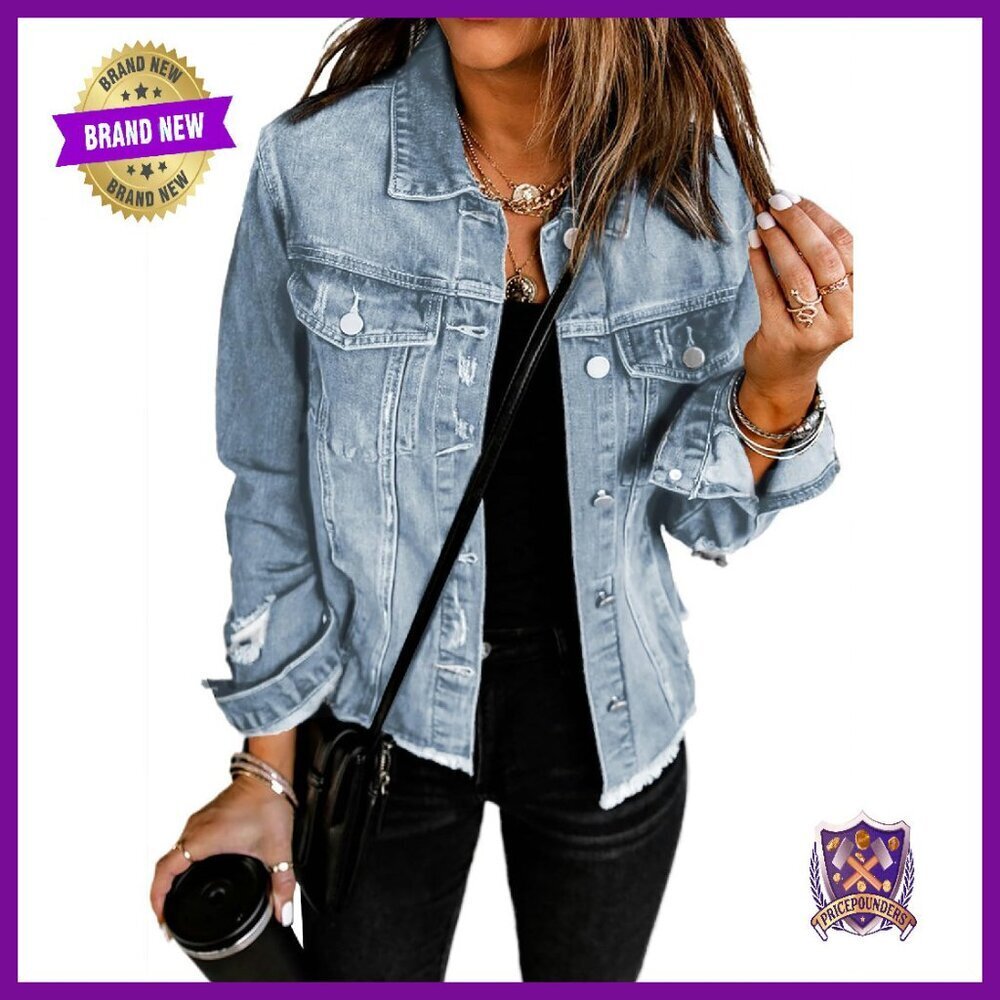 Cropped Denim Jacket Boyfriend Fit Ripped Holes Fringed Hem